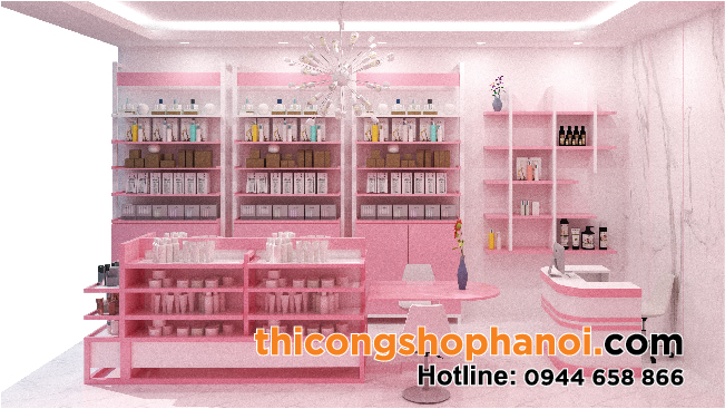 Thiêt kế và thi công shop mỹ phẩm màu hồng lãng mạn phong cách hiện đại